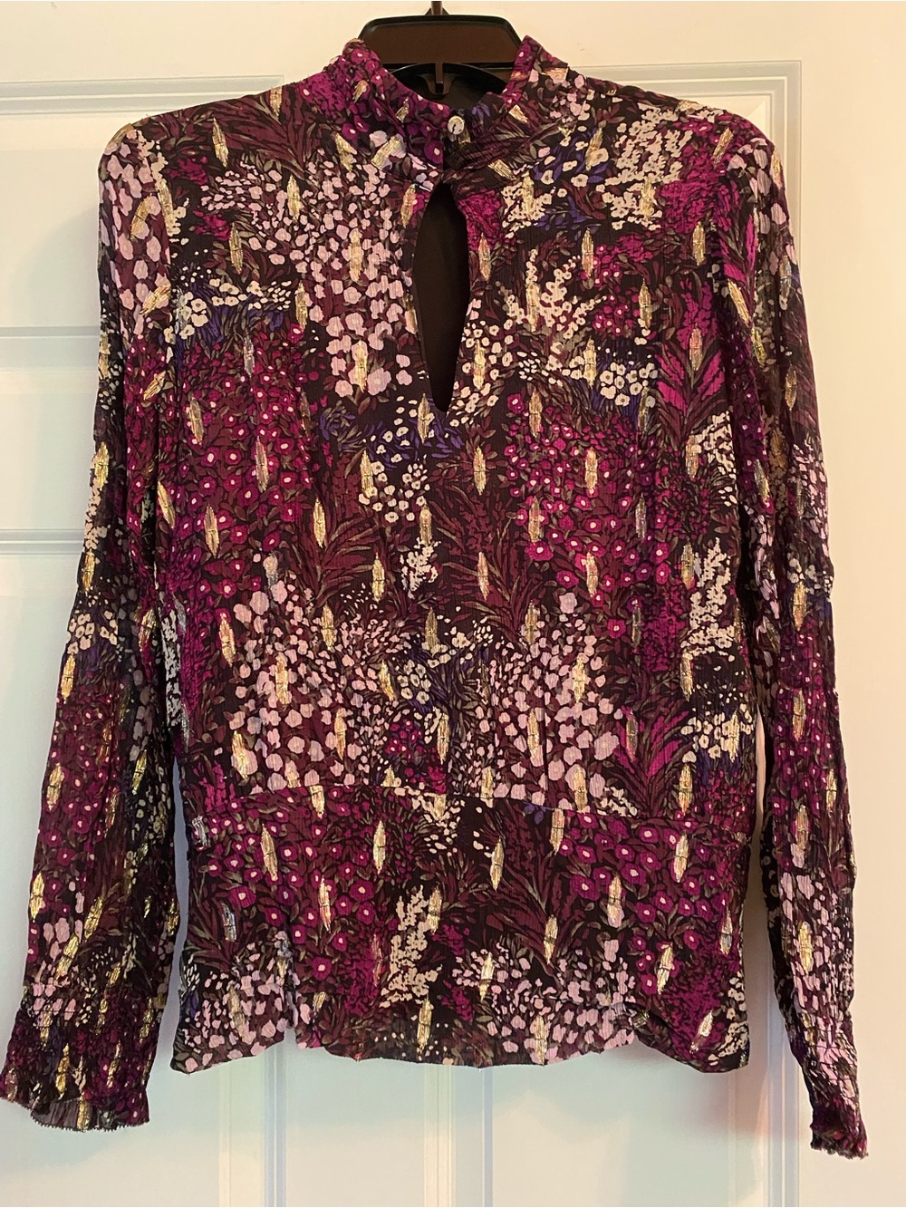 White House Black Market Plum Floral Keyhole Blouse